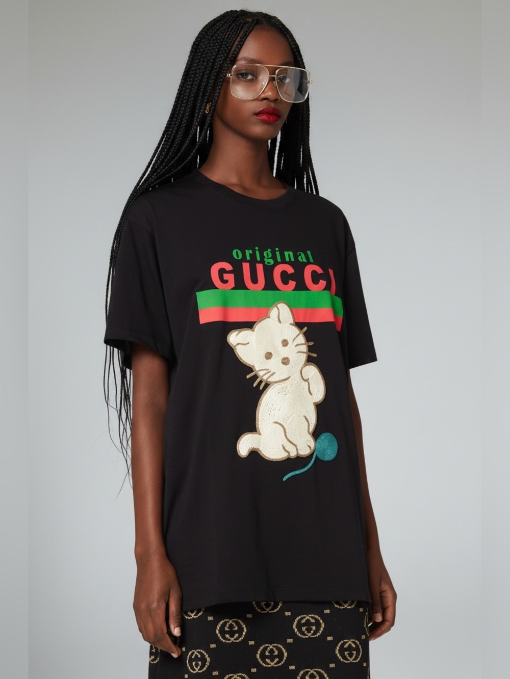Gucci Black Tee with Cream Cat Patch and Green-Red Logo